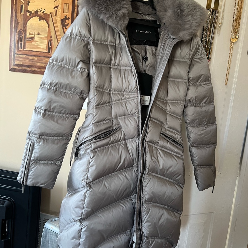 Women's Gray Puffer Coat with Fur Hood Size M